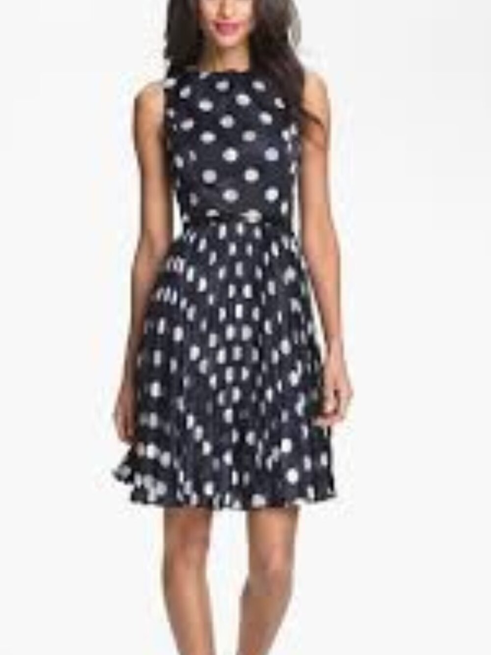 Adrianna Papell Navy Blue White Burnout Polka Dot Pleated Fit Flare Dress Size 2